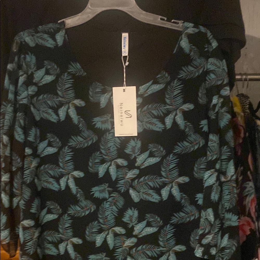 Natori Black Top with Teal Leaf Design